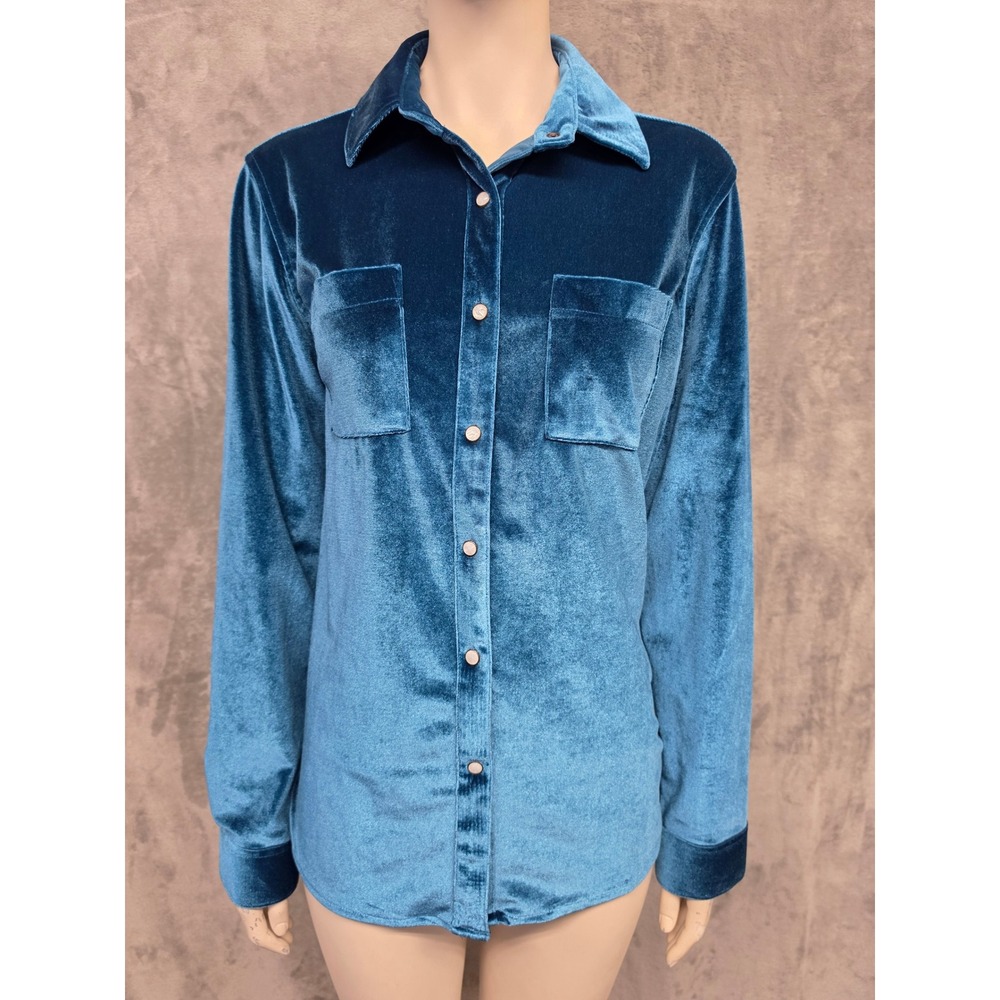 Rock Roll Cowgirl Western Velour Shirt Teal Blue Velvet Pearl Snap Button Down